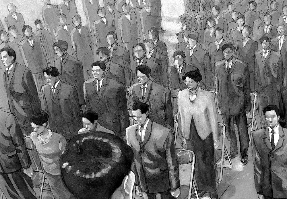 Manga panel: the same speech from behind the speaker, rows of new doctors staring back.