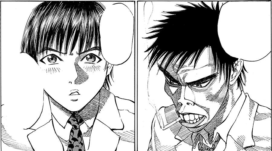 Manga panels: a young doctor and a scowling older doctor face each other.