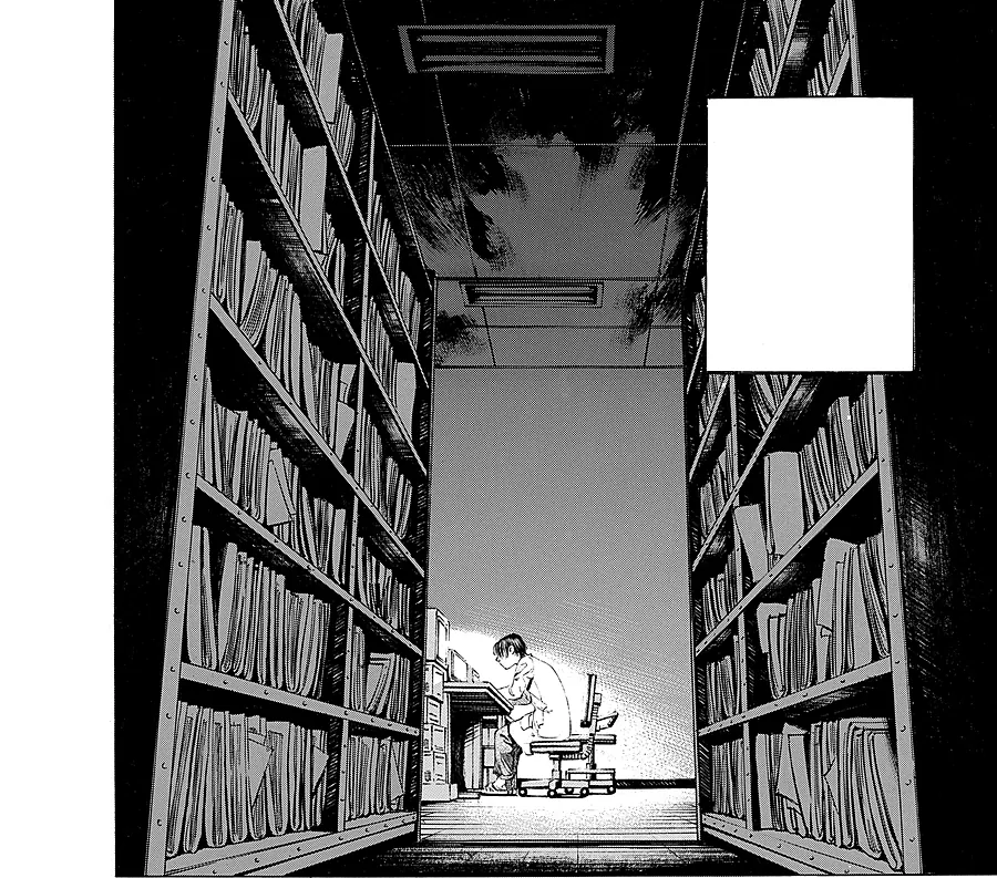 Manga panel: a doctor alone at a desk at the end of a dark library aisle.
