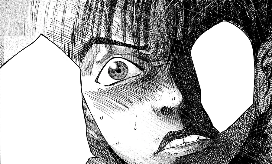 Manga panel: a sweating young doctor, wide-eyed, between two speech balloons.