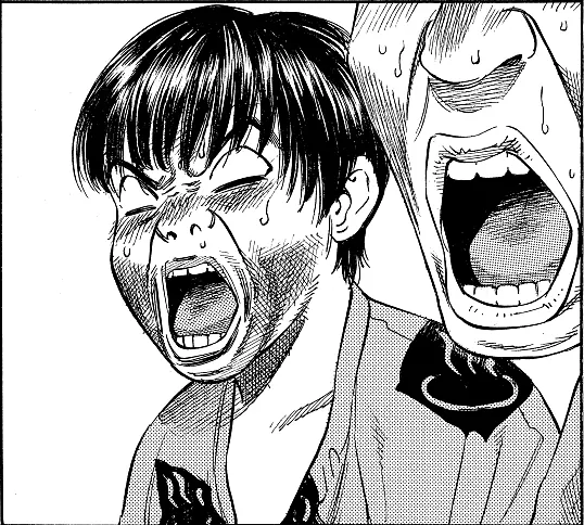 Manga panel: two young doctors screaming at the top of their lungs.