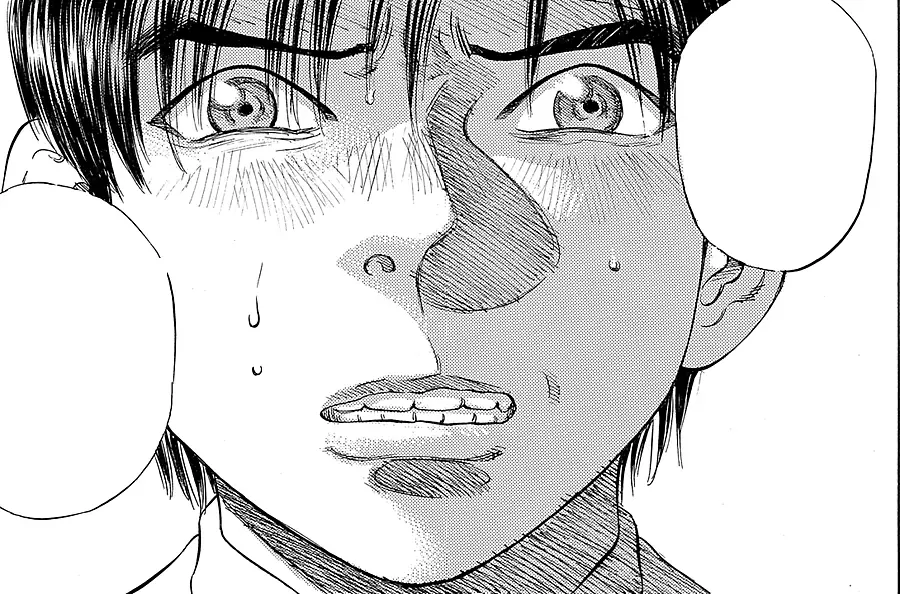 Manga panel: a sweating young doctor, eyes wide with fear, between two speech balloons.