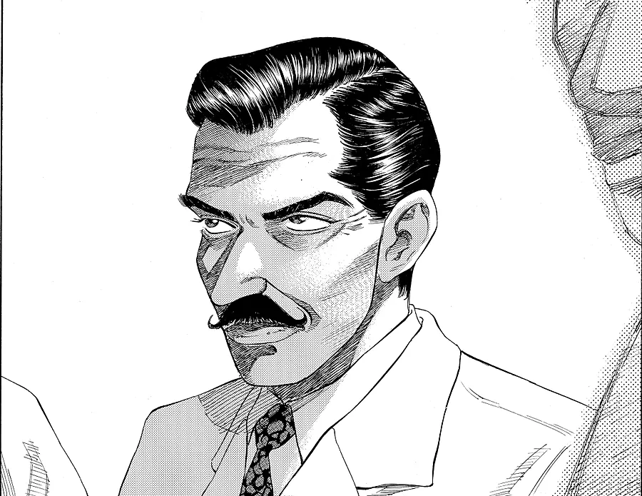 Manga panel: a mustached doctor looking down with total confidence.