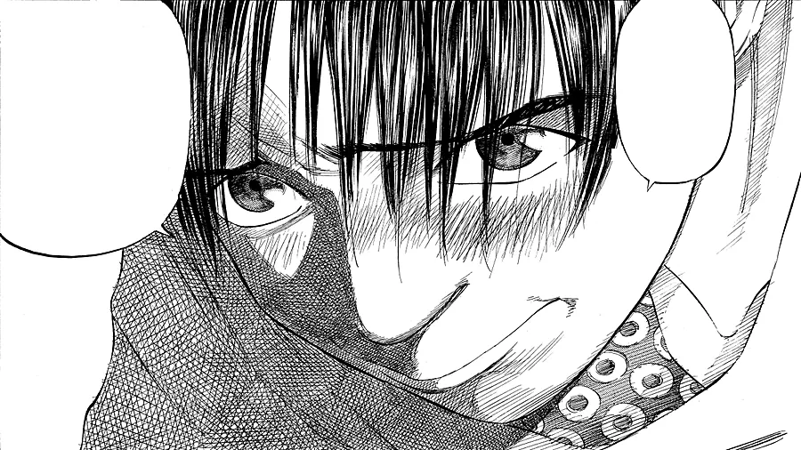 Manga panel: a young doctor glaring forward with fierce determination.