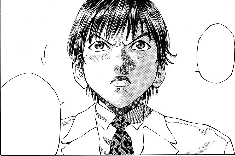 Manga panel: a young doctor frowning with total determination.